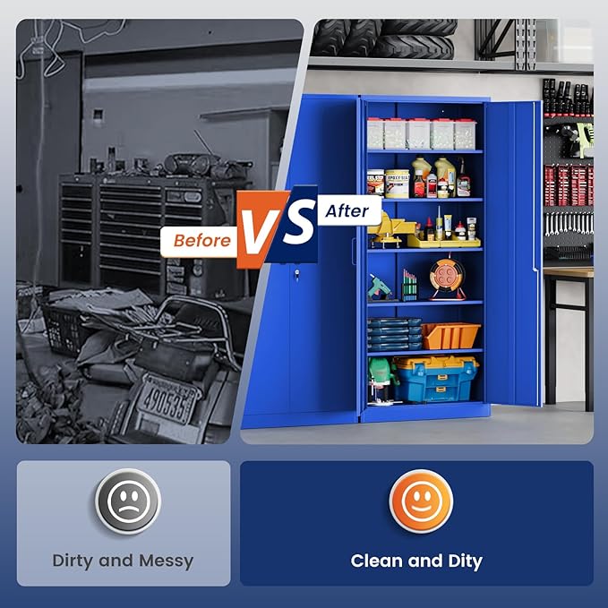 Yizosh Metal Garage Storage Cabinet with 2 Doors and 5 Adjustable Shelves - 71" Steel Lockable File Cabinet,Locking Tool Cabinets for Office,Home,Garage,Gym,School (Blue)