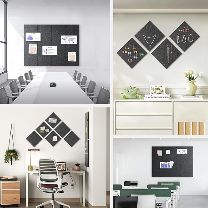 Large Cork Board for Office Wall Decor,48"x36"-12 Pack Felt Wall Tiles with Safe Removable Adhesive Tabs, 1/2" Thick, Felt Bulletin Board Pin Board Cork Boards for Walls - Dark Grey