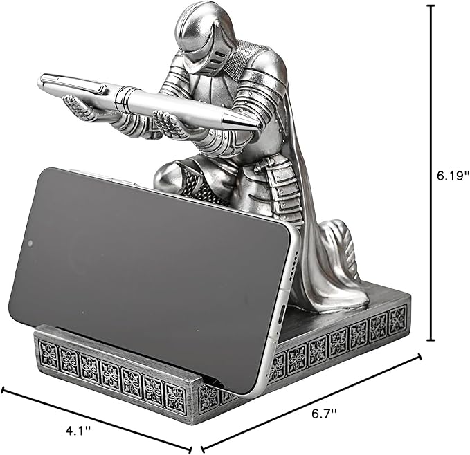 Windbreaker Soldier Knight Pen Holder Personalized Desk Accessory, Mobile Phone & Gaming Controller Holder, Device Stand Gift for Medieval Enthusiasts (Silver)