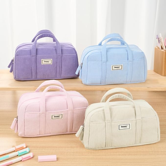 Sooez Large Pencil Case Pouch, Extra Big Pencil Bag with 5 Compartments, Pen Bag Wide Opening, Soft Corduroy Pen Pouch Organizer with Zipper, Cute Aesthetic School Supplies for Teen Girls-Green