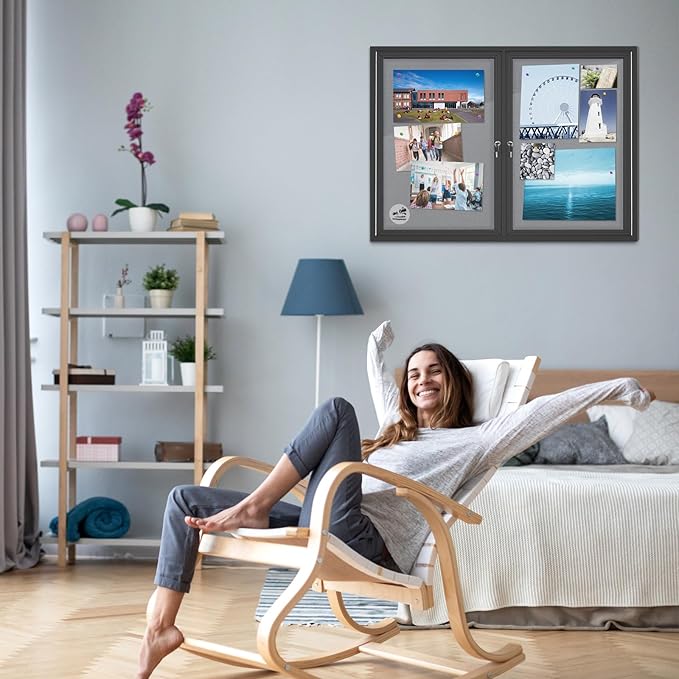 Weatherproof Enclosed Bulletin Board 44x32 Inch, Lockable Wall-Mounted Outdoor Grey Felt Noticeboard, Aluminum Frame Weather-Resistant Display Case for Office, School, Community