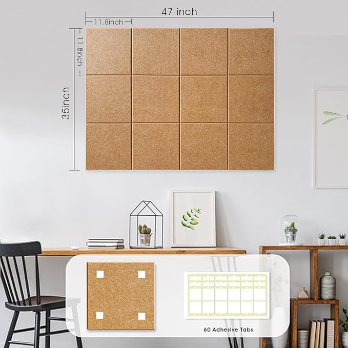 Large Cork Board for Office Wall Decor,48"x36"-12 Pack Felt Wall Tiles with Safe Removable Adhesive Tabs, 1/2" Thick, Felt Bulletin Board Pin Board Cork Boards for Walls - Copper