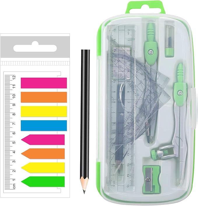 Geometry Compass Kit Starter Maths Set with 2 Drafting Compasses Protractor Set Squares Ruler and More for Students Maths Study, Green