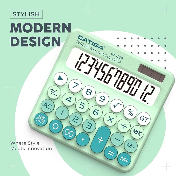 CATIGA Mechanical Switch Calculator with Solar and Battery Dual Power, 12-Digit Large LCD Display, Aesthetic and Cute Desktop Calculator with Big Button, for Home, School and Office Use, SD-1299