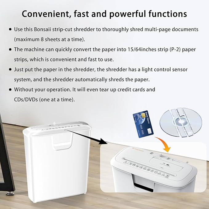 Bonsaii Quiet Strip-Cut Shredder, Up to 8 Sheets, Offering high Security, CDs, Credit Cards, Overheat Protection, Equipped with a 3.4-Gallon bin, Operates Quietly, Ideal for Home Office, White