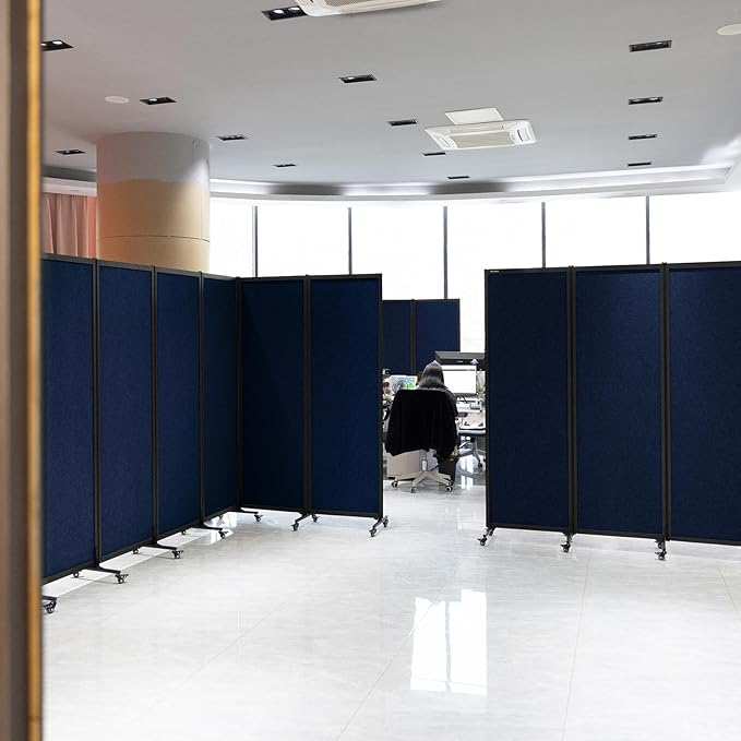 Upgrade Version Room Partition and Divider, Freestanding Rolling Dividers with Wheels,Office Privacy Screen Divider Wall,Classroom Felt Dividers,8'2"L* 6'7"H,4 Panel,Blue