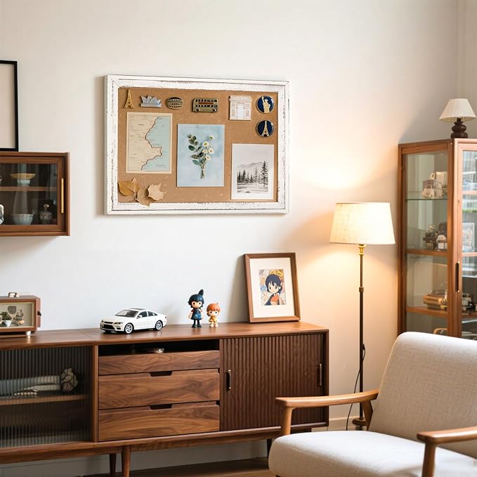 White Cork Board Bulletin Board, 24" x 18" Wooden Framed Corkboard for Office, Decorative Hanging Pin Board Vision Board for Office Home School Decor