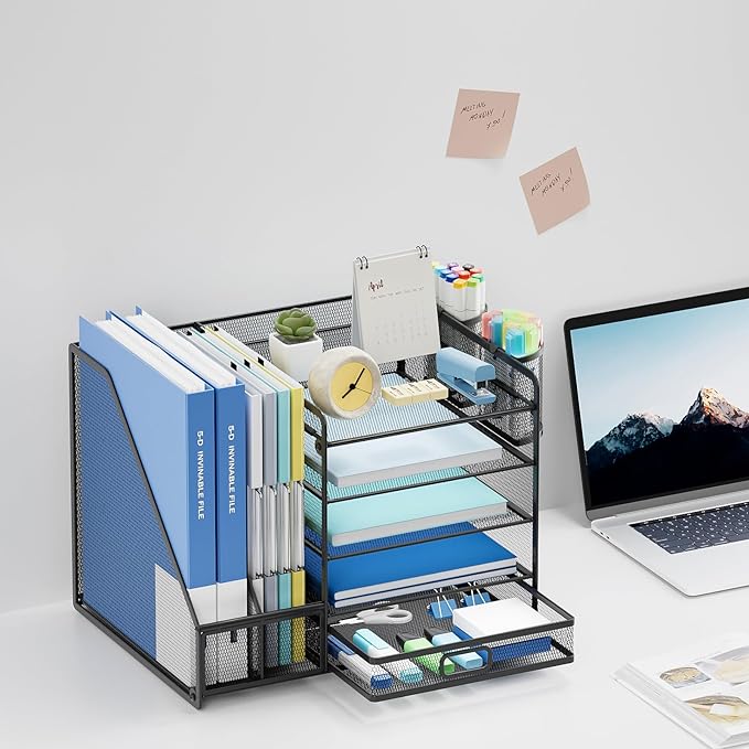 Lavatino Desk Organizer with File Holder, 5-Tier Paper Letter Tray Organizer with Sliding Drawer and 2 Pen Holder, Mesh Desktop File Organizer for Office Supplies (Black)