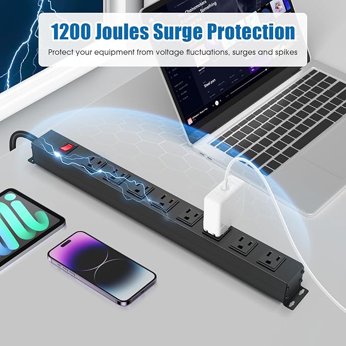 HHSOET 8 Outlet Metal Wall Mount Power Strip, Mountable Outlet with Switch, Heavy Duty Wide Spaced Surge Protector, 10 FT SJT 14AWG Black Spring Cord.