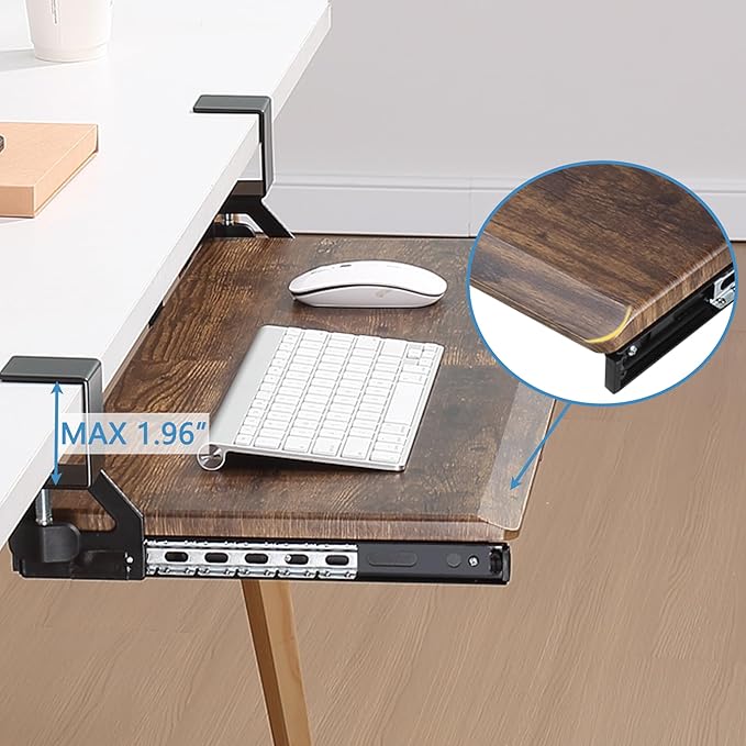 ETHU Keyboard Tray Under Desk, 19.7" X 12.2" Small Size C Clamp Keyboard Drawer Under Desk, Computer Keyboard Stand Slide Pull Out, Ergonomic Keyboard Tray for Home, Office (Wood)