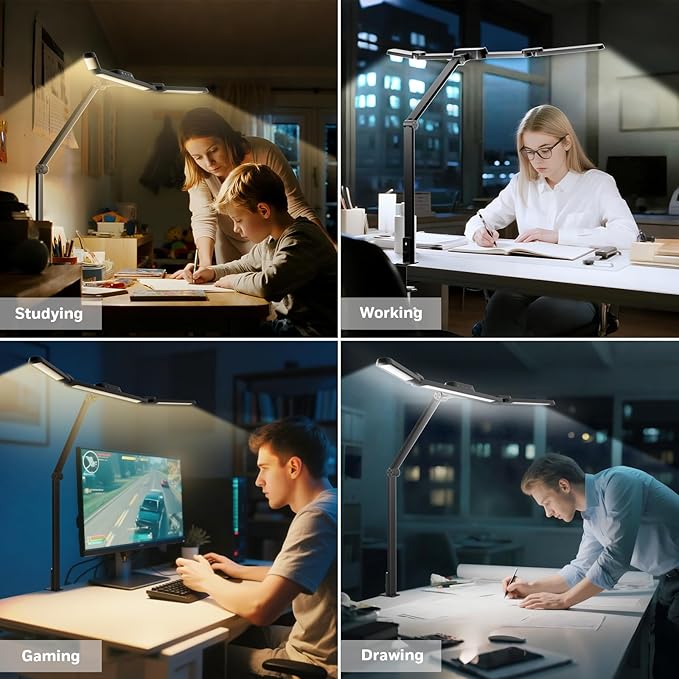 Honeywell LED Desk Lamp with Clamp, HJ3 Sunturalux Architect Desk Lamp for Home Office, Eye-Caring Computer Desk Light 22W 4 Color Modes Clip on Light Stepless Dimming Task Lamp for Working