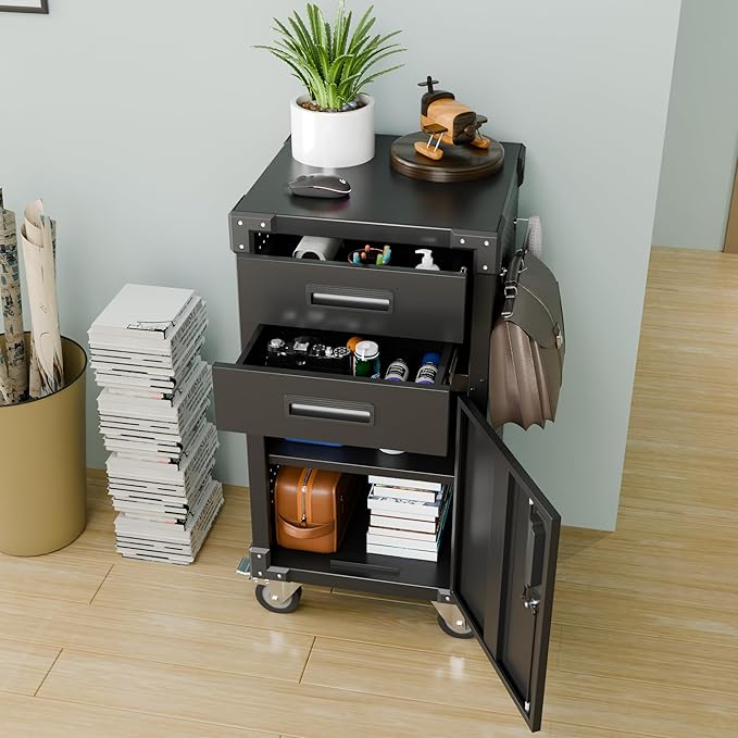 Garage Storage Cabinet, Metal Storage Cabinet with 1 Locking Door and 2 Drawers, Heavy Duty Rolling Workbench Table with Wheels and Pegboards for Garage, Office and Tool Room