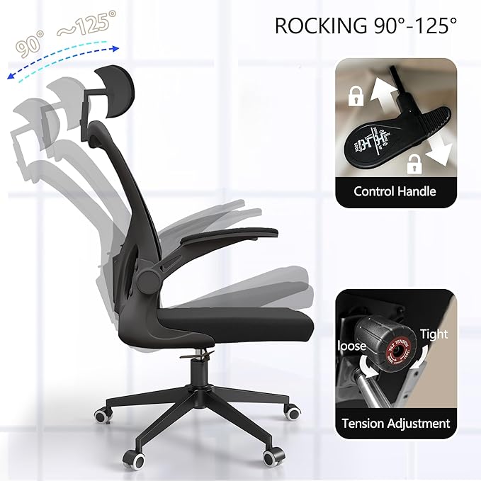 Ergonomic Office Chair, High-Back Mesh Computer Desk Chair with Adjustable Height, Lumbar Support, Flip-Up Armrests,headrest,and Swivel Rolling Design for Home and Office Use