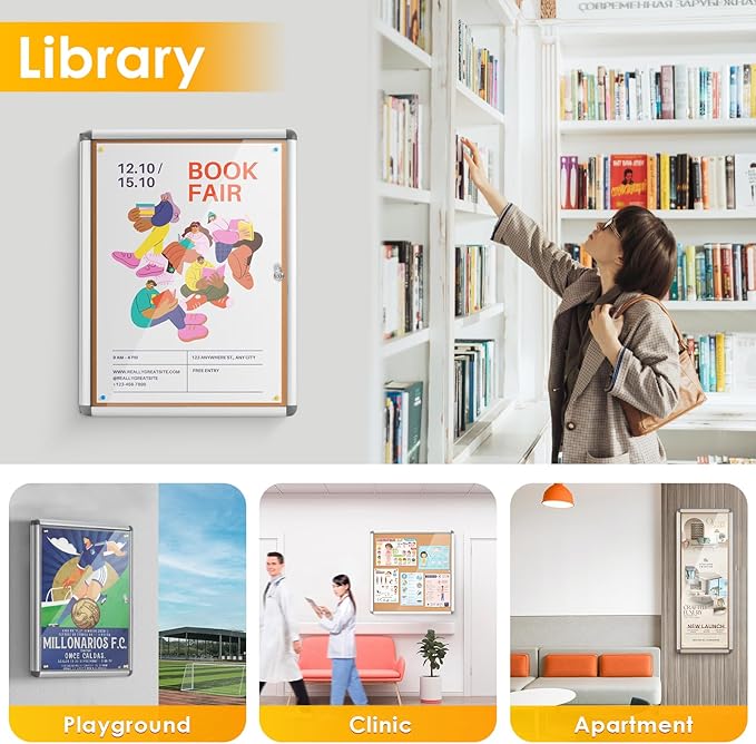 SWANCROWN Enclosed Bulletin Board 36x24 in, Tamperproof Lockable Cork Board Wall Display Case for Office School Home, Aluminum Frame