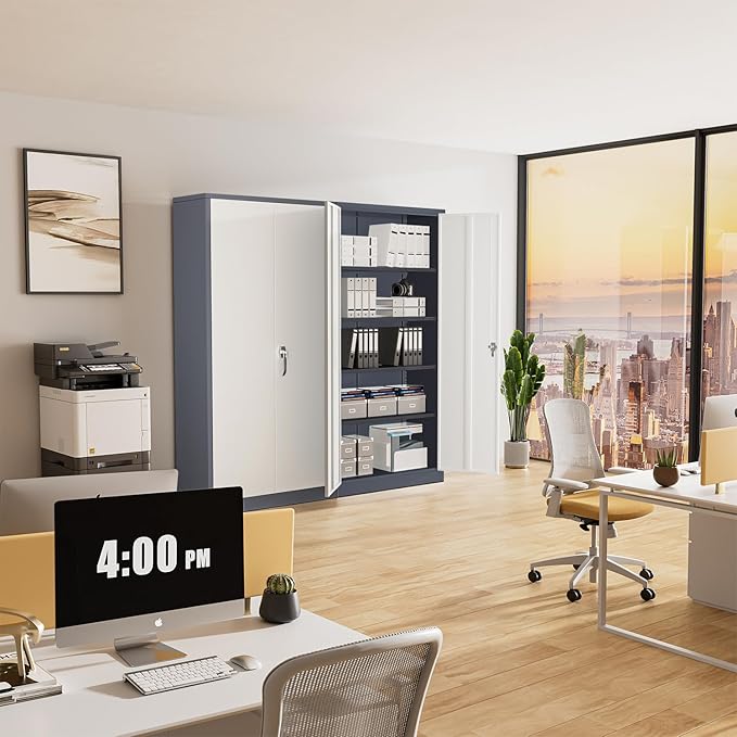 Greenvelly Metal Garage Storage Cabinet, Locking Steel Cabinet with 2 Doors and 4 Adjustable Shelves, Metal Tool Cabinets, Lockable File Cabinet for Home Office, Garage, School (Gray White)