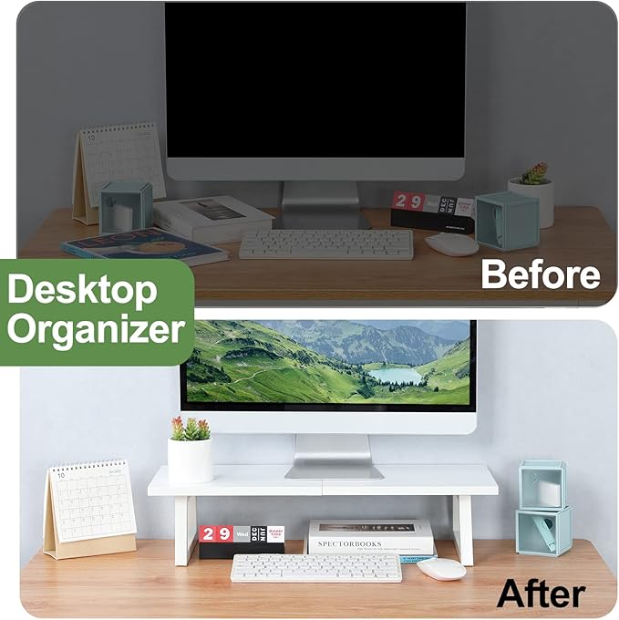 TEAMIX 24 inch Monitor Stand Riser, White Wood & Steel Computer Monitor Stand with Storage, Laptop, PC, Printer Stand Riser for Desktop Office Desk Organizers