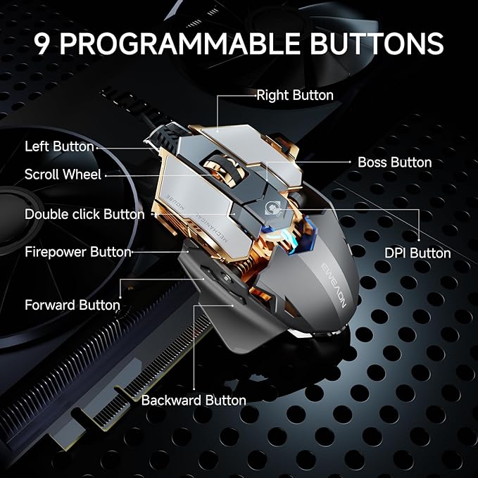 EWEADN G5 Wired Gaming Mouse, Ergonomic RGB Computer Mouse, 12800 Adjustable DPI, 9 Programmable Macro Buttons with Rapid Fire Key Compatible for PC/Laptop/Windows-Grey