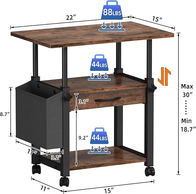 Large Printer Stand with Storage Drawer and Side Bag, 3-Tier Height Adjustable Table for Home Office, Fits Heat Press/Laser/3D Printer (Rustic Brown)