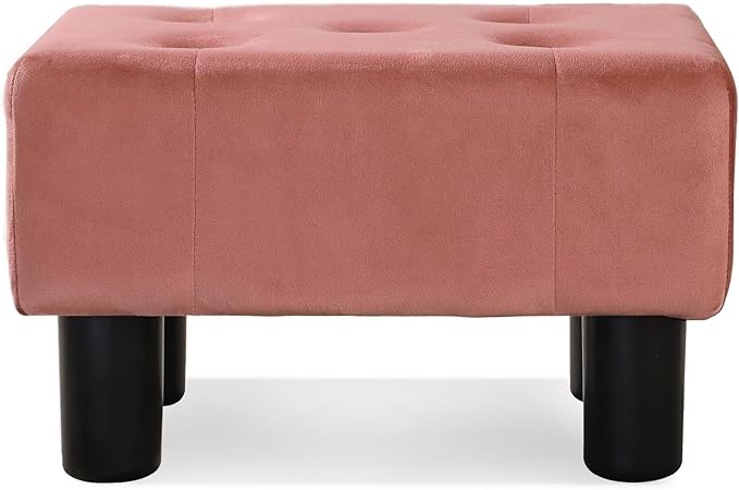LUE BONA Small Foot Stool Ottoman, Velvet Tufted Footrest with Plastic Legs, 9''H, Rectangle Foot Stools for Adult with Non-Slip Pads, Footstool for Living Room,Couch, Pink