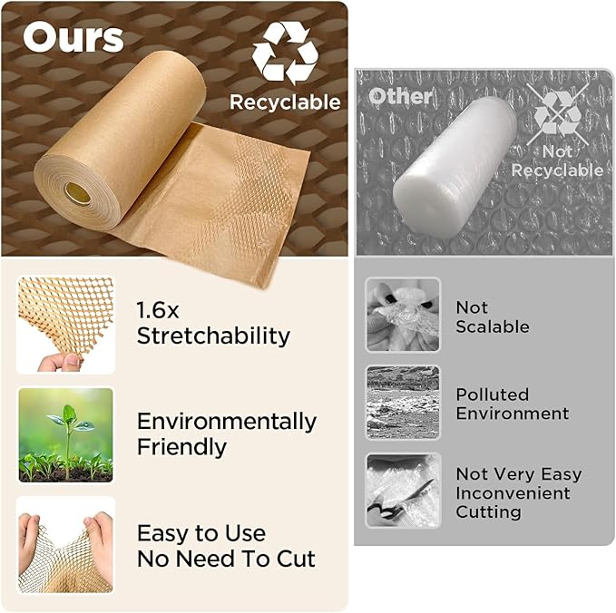 Honeycomb Packing Paper, 12"x50' Brown | Perforated Honeycomb Packing Paper Recyclable Moving Supplies for Shipping & Moving | Plastic-Free Alternative to Bubble Cushion Wrap with 36 Fragile Stickers