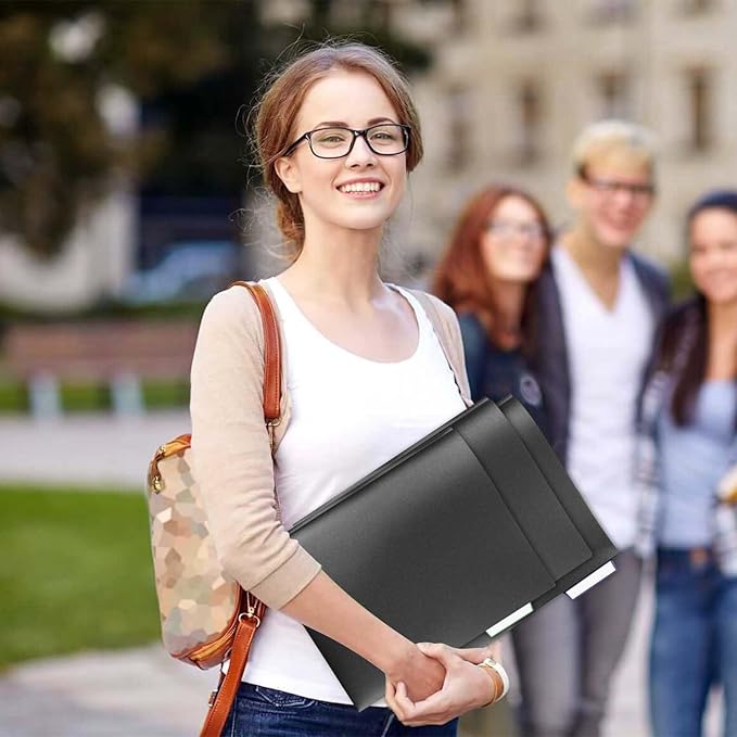 Plastic Folders with Pockets and Prongs,12 Pack 2 Pocket Folders with 3 Fasteners,Upgrade Tabs,Heavy Duty Pocket Folder with Brad, Black Folders with Card Slot,Colorful Labels,Letter Size