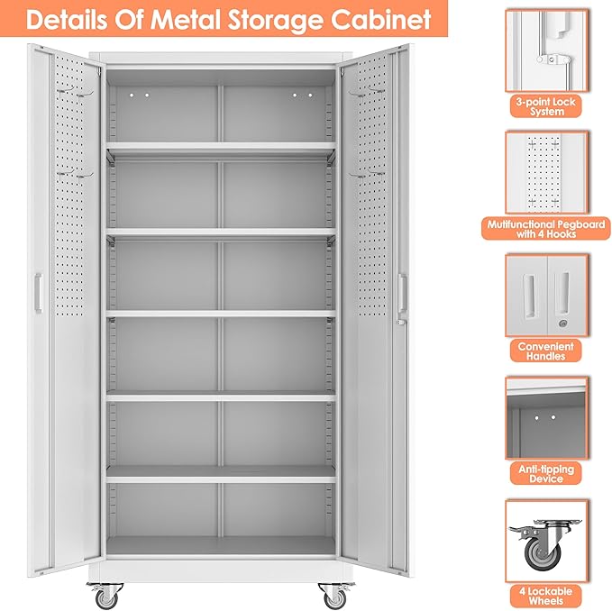 Aobabo Metal Storage Cabinet with Wheels,Heavy Duty Office Storage Cabinet with Lock,Steel Cabinet with 2 Doors and 5 Adjustable Shelves for Office Home School Storage,Required-Assembly White