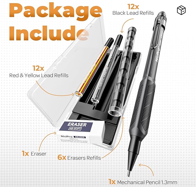 Nicpro 1.3mm Weatherproof Mechanical Pencil Set, HD1000 Metal Mechanical Pencils Heavy Duty Pencil for Outdoor All Weather Marking Drafting Drawing with 25 Lead Refills, Erasers, Case (Black)