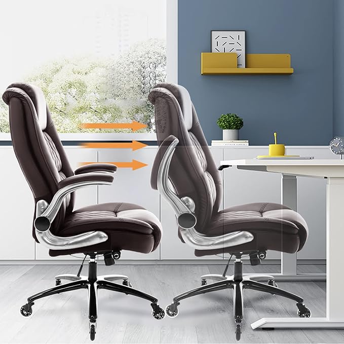 EZAKI High Back Office Chair-Flip-up Arms Executive Computer Desk Chair, Built-in Lumbar Support Thick Padded Adjustable Rock Tension Ergonomic Design for Back Pain (Brown)