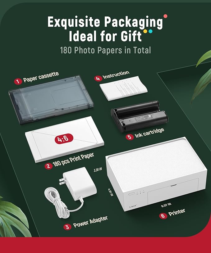 Liene M100 4x6'' Photo Printer Bundle (180 pcs +5 Ink Cartridges), Wi-Fi Picture Printer for iPhone, Android, Smartphone, Computer, Dye-Sublimation, Portable for Home Use