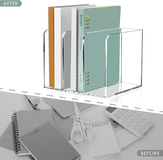 Acrylic Magazine Holder Desk Organizer Workspace Sorters,Clear Bookend File Sorter Holder,Folder Rack, Office Accessories Organization Storage with 3 Vertical Compartments