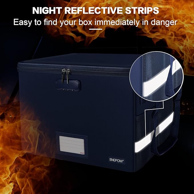 ENGPOW File Box with Lock, Fireproof Document Box with Pockets, Collapsible File Organizer Filing Storage Cabinet with Handle, Portable Home Office Safe for Hanging Letter/Legal Folders, Blue, 2 Pack