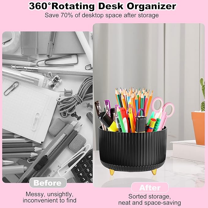 Black Desk Organizers and Accessories 10Pcs Set with 360-Degree Rotating Pen Holder, Tape Dispenser, Stapler, Staple Remover, 1000 Staples, Tape, Clips Set, Ruler, Scissor, Pen (Black)