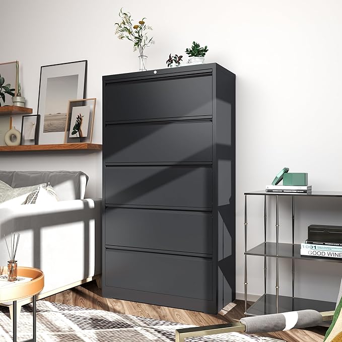 File Cabinets 5 Drawer,Metal Office Storage Filing Cabinet with Lock,Black Lateral Filing Cabinet for Home Office,Horizontal Locking File Cabinets for Legal/Letter/A4,Assembly Require,Black