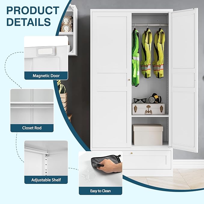 MIIIKO Wardrobe Closet with Drawer, 2 Doors Clothes Cabinet, 72" Metal Storage Cabinets with Hanging Rod, Bedroom Armoires Laundry Room and Office Clothes Storage Organizer Cabinets