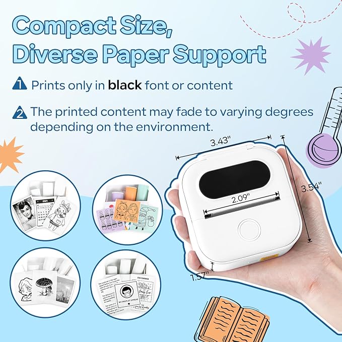 Print Pods Mini Printer, Sticker Maker Machine Y02C, Mini Portable Printer with 1 Roll Paper, Bluetooth Inkless Receipt for Phone, Thermal Portable Maker for Journal, Note, Photos, Learning