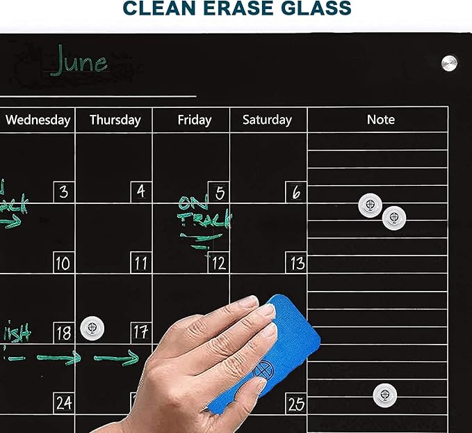 J&J worldwide Magnetic Whiteboard Calendar, 47 x 35 Black Glass Wall Calendar Dry Erase Board Monthly Planner for Home, School, Office, Frameless, with Markers, Marker Tray, Eraser, Magnets