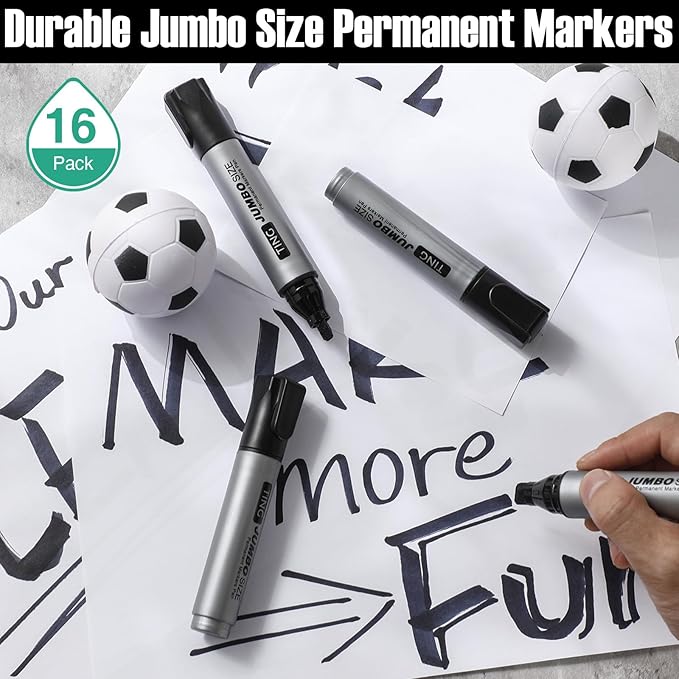 Fuutreo 16 Pcs Jumbo Size Permanent Markers Bulk Large Chisel Tip Permanent Markers Thick Waterproof Jumbo Pens Set Huge Poster Supplies(Black)