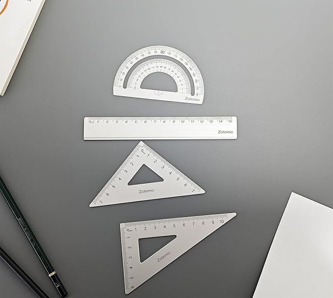 Geometry Ruler Set for Students, Metric Measurement 4-Piece Metal Math Drafting Kit with Non-Slip Design 15 cm Straightedge Ruler, 180° Protractor & 2 Triangles for School Kids (Silver)