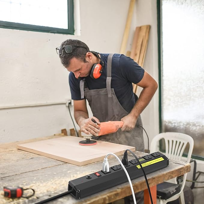 JUNNUJ Heavy Duty Metal Power Strip 20 Amp, High Amp Surge Protector 6 Outlet, 20A Power Strips Workshop Industrial Outlets Wide Spaced 6-20R T-Slot with Circuit Breaker, 12 Gauge Extension Cord 15ft