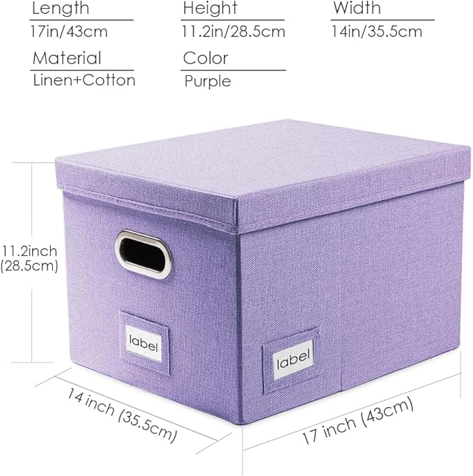 PRANDOM File Organizer Box - Set of 1 Collapsible Decorative Linen Filing Storage Hanging File Folders with Lids Office Cabinet Letter/Legal Purple (17x14x11.2 inch)