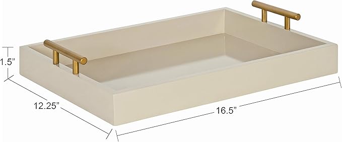 Kate and Laurel Lipton Mid Century Modern Decorative Wood Tray with Brushed Gold Metal Handles, Sand Brown