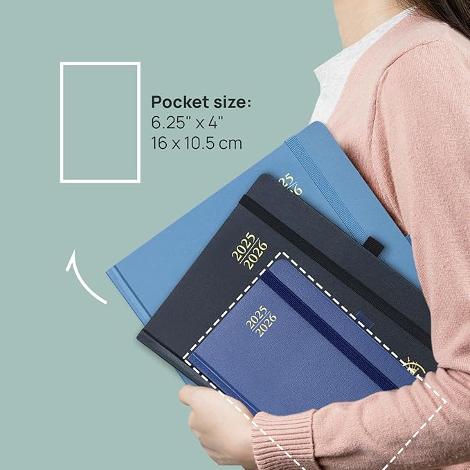 POPRUN Pocket Planner 2025-2026, (Purse Size 4''x 6.25'' Hard Cover) Academic Year Calendar Daily Weekly and Monthly (July 25-June 26) with Hourly Time Slots, 100 GSM Paper - Midnight Green