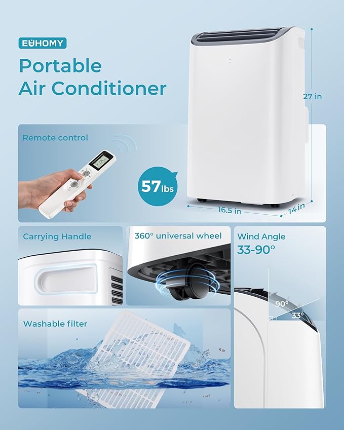 EUHOMY 12,000 BTU Portable Air Conditioners, 4-in-1 Portable Air Conditioner Up to 550 Sq.Ft, Portable AC Unit with Cool, Sleep, Dehumidifier, Fan Mode, Timer, Low Noise, Installation Kit, Apartment