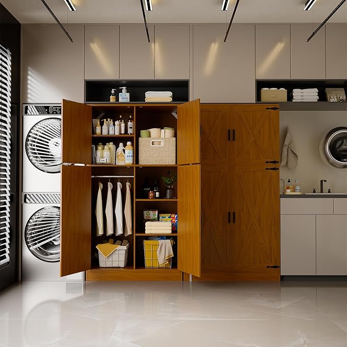 Unikito 71'' Farmhouse Wardrobe Closet with Hanging Rod, 4 Barn Door Storage Cabinet with Adjustable Shelves, Freestanding Closet Wardrobe Cabinet for Bedroom Living Room Office, Highland Oak