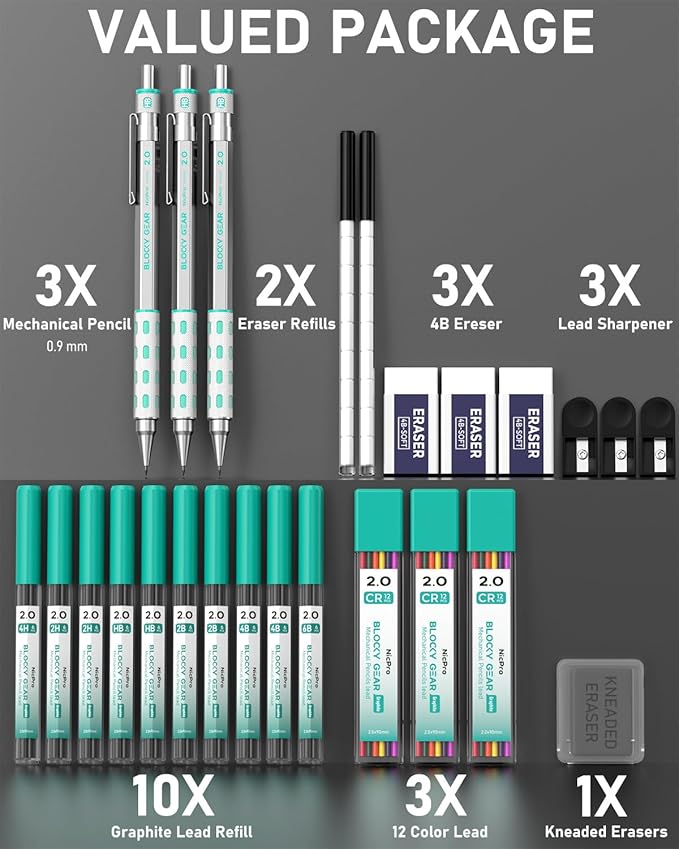 Nicpro 2mm Mechanical Pencils in Case, 3 Pack Blocky Gear Metal Drafting Lead Holder with 13 Tubes 2mm Lead Refills (HB 2B 2H 4B 4H 6B & Colors), Erasers for Carpenter Writing Drawing Woodworking