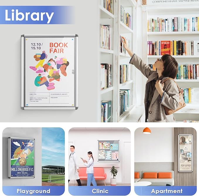 SWANCROWN Enclosed Bulletin Board 36x24 in, Tamperproof Lockable Grey Felt Board Wall Display Case for Office School Home, Aluminum Frame