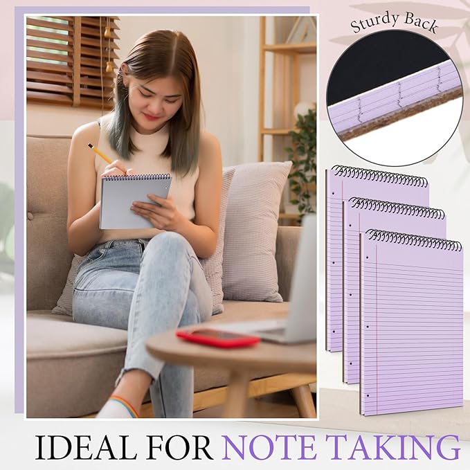 3 Packs 8.5" x 11" Top Spiral Notebook with 3 Hole Punched Legal Pads College Ruled Notepad 50 Sheets Hard Cardboard Paper Wirebound Notepad for Office School Business (Purple)