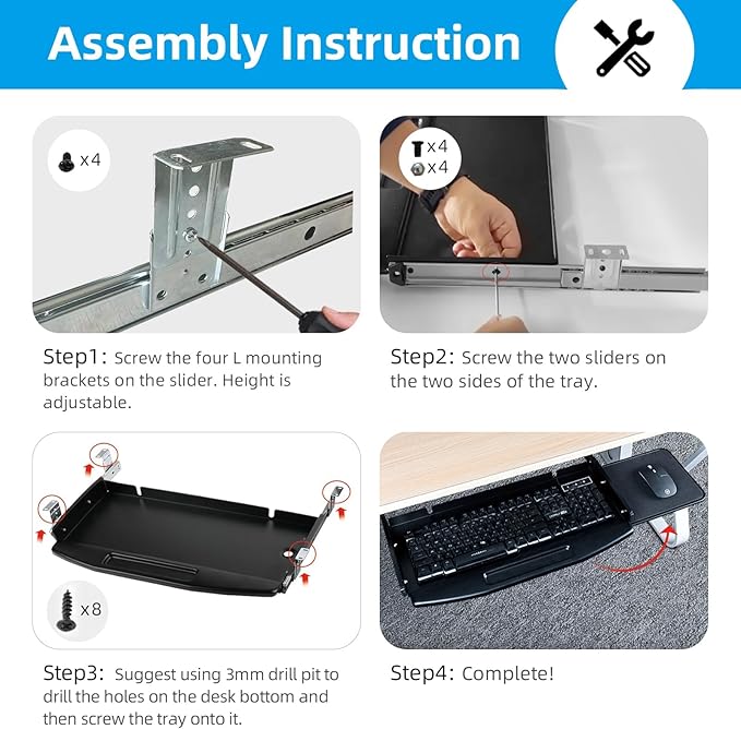 Solid Steel Under Desk Keyboard Tray Slide Out with 360° Rotating Mouse Platform,Keyboard Shelf Sliding,Under Desk Mounted Keyboard Holder,Under Desk Keyboard Drawer 28"Lx11"W