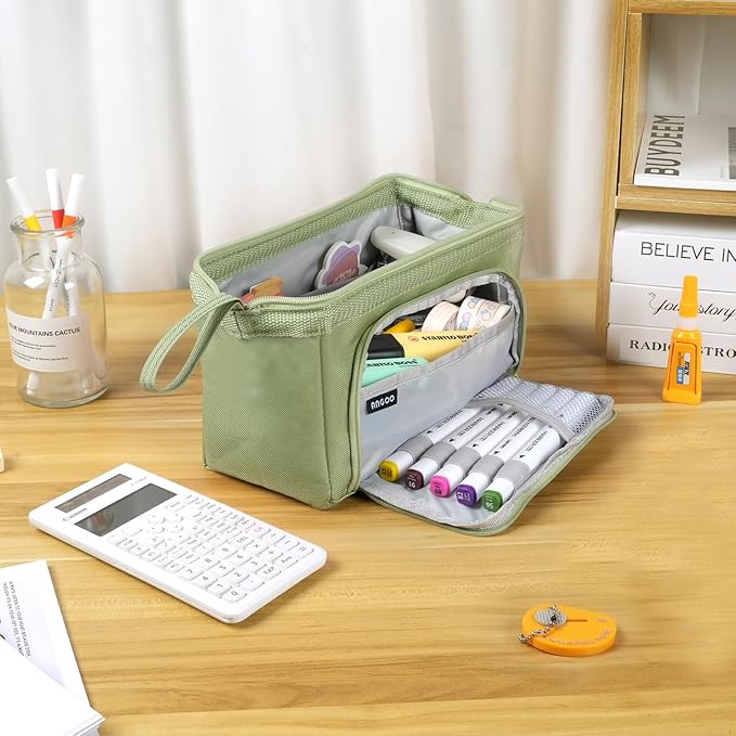 Pencil Case Pouch Large Capacity with Compartments, Pencil Case Pouch Bag with Zipper Handle for Teen Girls Boys Adults Women Men, Portable Pen Bag Stationery Organizer for Office School Travel, Green