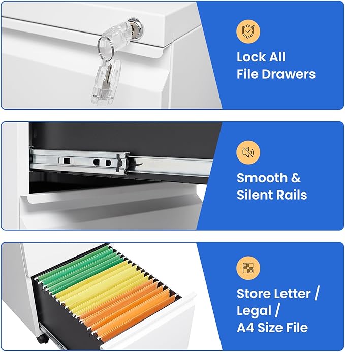 MIIIKO 2 Drawer File Cabinet on Wheels, Home Office Mobile File Drawers Under Desk, Filing Cabinets with Drawers for Legal/Letter/A4 File Folders(White),Un-Assembled